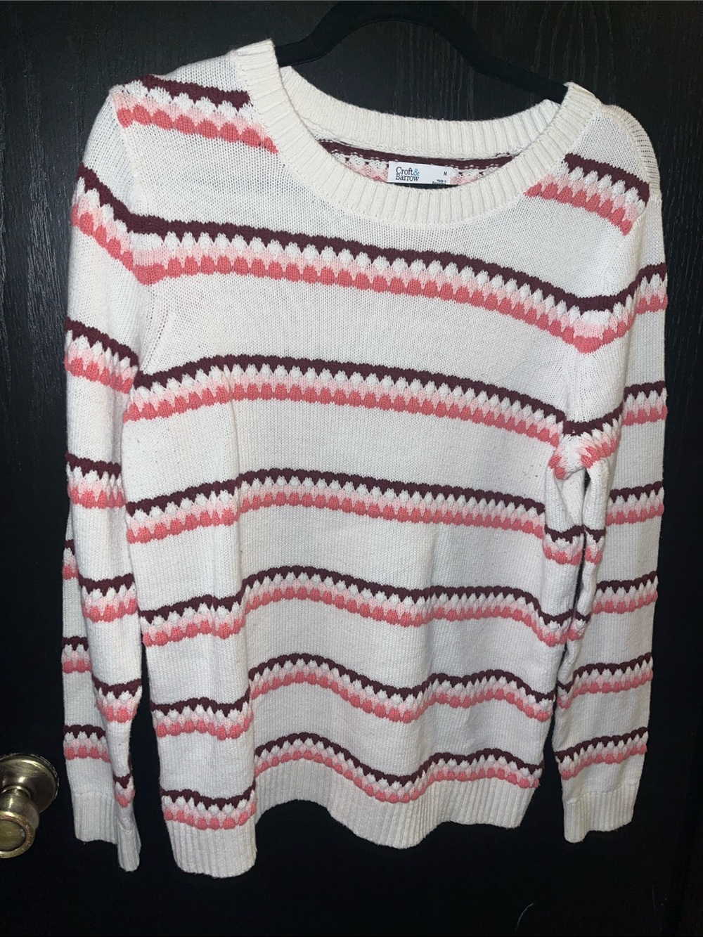 croft & barrow Cream Crewneck Sweater with Pink and Burgundy Stripes